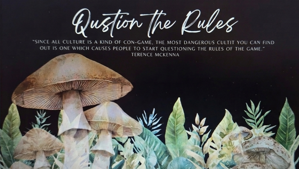 Question the rules — Terence McKenna quote with illustrated mushrooms